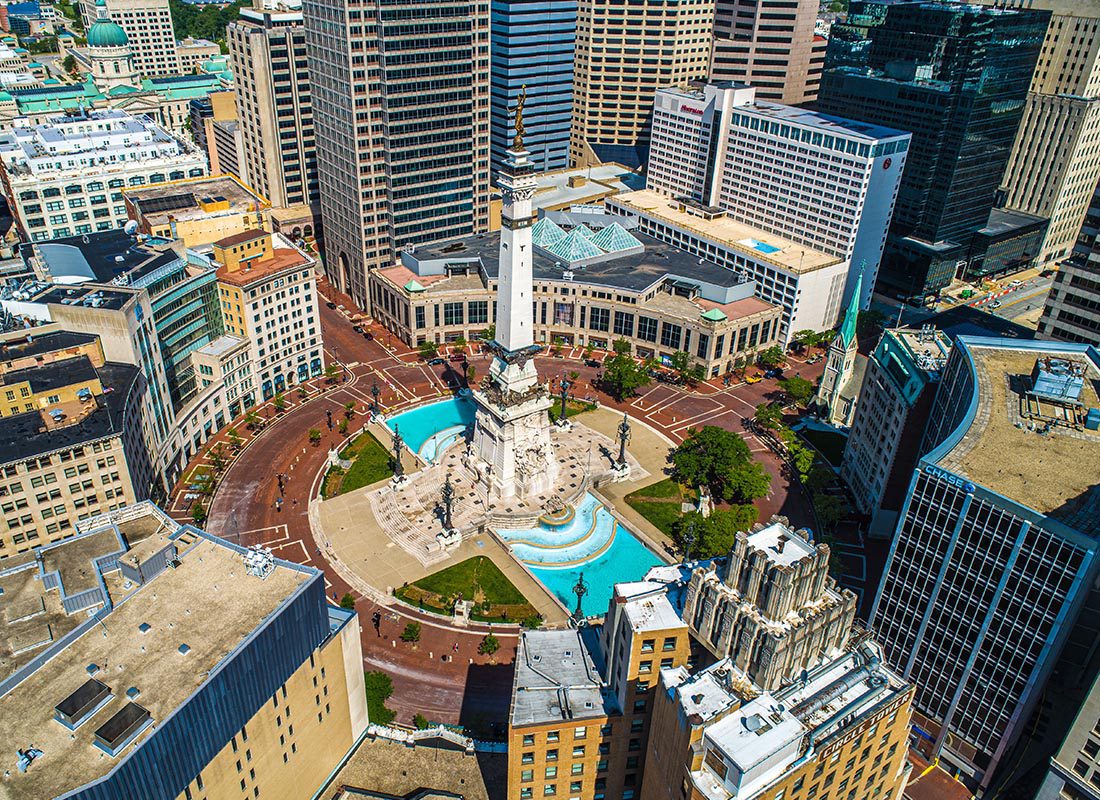 Contact - Aerial View of Indianapolis Indiana and it's Circle Center and Monument Circle